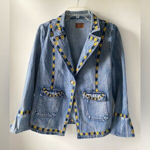 POL Embroidered Denim Blazer Jacket – Boho Western Festival Jean Jacket SZ L